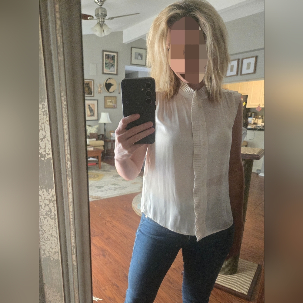 Banana Republic White Pleated Blouse with High Neck Collar